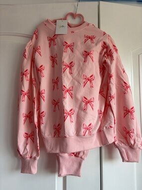 Lola + The Boys Pink Sweatshirt & Jogger Set with Red Bow Print